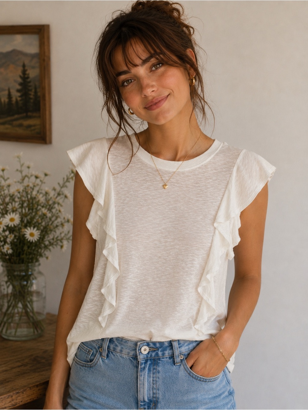 NWT Hayden Cream Ruffle Sleeve Feminine Romantic Soft Knit Ribbed Blouse Small